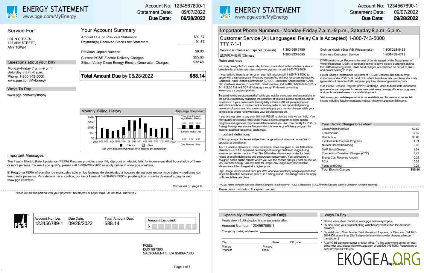 USA California PG&E (Pacific Gas and Electric Company) utility bill, Word and PDF template, 6 pages 1 2